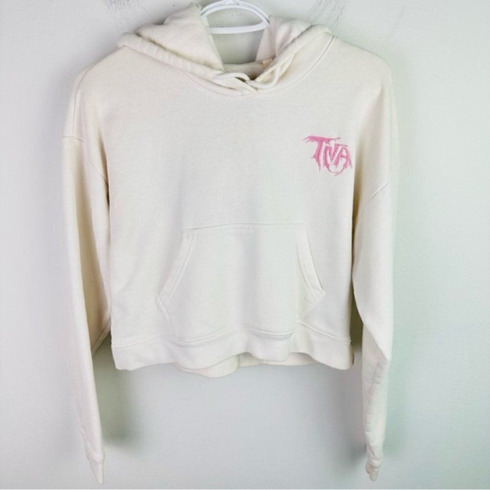 Aritzia TNA Hoodie Pullover Drawstring Logo Sweater Size XXS White/Pink